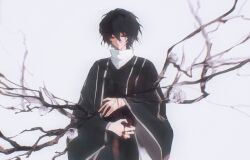  1boy absurdres black_coat black_eyes black_hair blood blood_from_eyes blood_on_hands closed_mouth coat commentary english_commentary film_grain flower hair_between_eyes helly_(helly56956) highres long_sleeves male_focus saibou_shinkyoku shirt short_hair silver_trim solo stole upper_body utsugi_noriyuki white_background white_flower white_shirt wide_sleeves 