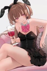  animal_ears bare_legs black_dress black_nails blush bow bowtie breasts brown_hair cleavage crossed_legs cup detached_collar dress drink drinking_glass fake_animal_ears female hamunezuko_(nezukonezu32) highres holding holding_cup long_hair looking_at_viewer original pink_eyes rabbit_ears short_dress sitting small_breasts solo thighs two_side_up 