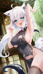  absurdres ahoge animal_ear_fluff animal_ears arm_up armpits blush braid breasts china_dress chinese_clothes commentary_request dress earrings female fox_ears fox_girl fox_shadow_puppet fox_tail green_eyes hair_between_eyes highres hololive jewelry large_breasts long_hair looking_at_viewer no_panties open_mouth shirakami_fubuki sideboob sidelocks single_braid solo tail takasi-art thighhighs tongue virtual_youtuber white_hair 