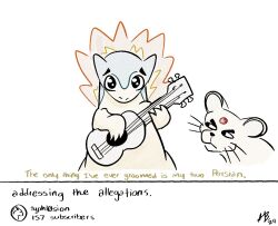  2024 2024_pokemon_gigaleak ambiguous_gender anthro aribirby duo english_text eyebrows feral generation_1_pokemon generation_2_pokemon hi_res humor lute musical_instrument nintendo persian_(pokemon) plucked_string_instrument pokemon pokemon_(species) simple_background string_instrument text typhlosion ukulele whiskers white_background 