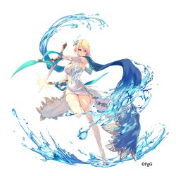  aqua_eyes blonde_hair boots closed_mouth detached_sleeves dress dual_wielding female fighting_stance full_body hair_ornament holding looking_at_viewer official_alternate_costume official_art rinzo second-party_source short_hair short_sword simple_background solo standing standing_on_one_leg sword ta_ga_tame_no_alchemist thigh_boots transparent_background water weapon white_dress white_footwear yauras_(dare_ga_tame_no_alchemist) 