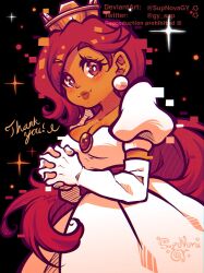  artist_name breasts bright_pupils cleavage crown earrings elbow_gloves english_commentary female gloves highres jewelry long_hair looking_at_viewer mario_(series) medium_breasts meme own_hands_together princess_peach princess_toadstool_redraw_(meme) puffy_short_sleeves puffy_sleeves red_eyes red_hair rosie_(supnovagy) short_sleeves signature smile solo super_mario_bros._1 thank_you upper_body very_long_hair white_gloves white_pupils 