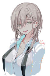  breasts cleavage female grey_eyes grey_hair highres large_breasts long_hair looking_at_viewer original pink_lips shirt simple_background smile solo syuri22 upper_body white_background white_shirt 