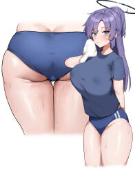  absurdres ass blue_archive blue_buruma blue_eyes blue_shirt blush breasts buruma commentary_request female ff_2929 halo highleg highleg_buruma highres holding holding_towel large_breasts long_hair looking_at_viewer mechanical_halo official_alternate_costume ponytail purple_hair shirt short_sleeves simple_background solo star_sticker sticker_on_face thick_thighs thighs towel white_background yuuka_(blue_archive) yuuka_(track)_(blue_archive) 