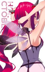  adekrifki935 arms_behind_back bare_shoulders dress female highres hololive hololive_english horns irys_(hololive) irys_(irys_2.0)_(hololive) long_hair looking_at_viewer looking_back purple_eyes purple_hair red_hair simple_background solo twitter_username virtual_youtuber white_background white_dress 