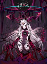  absurdres angel angel_wings animal_ears animal_hands character_name claws commentary_request extra_eyes fallen_angel feet_out_of_frame female halo highres horns izayoi_cha long_hair looking_at_viewer monster_girl multiple_wings original red_ribbon ribbon seraph solo tail third_eye very_long_hair white_hair wings yellow_eyes 