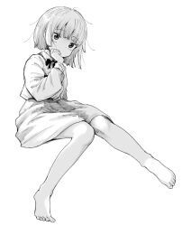  barefoot bow bowtie collared_shirt commentary_request dot_nose feet female full_body greyscale hand_on_own_face hand_up invisible_chair long_sleeves monochrome no_mouth original raised_eyebrows shirt shirt_tucked_in short_hair simple_background sitting skirt solo tosazun white_background 