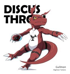  anthro bandai_namco claws digimon digimon_(species) discus discus_throw fangs guilmon male op7804620 red_body scalie solo sport teeth yellow_eyes 