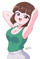  :d absurdres armpits arms_behind_head arms_up artist_name bare_shoulders blunt_bangs blunt_ends blush bob_cut breasts brown_eyes brown_hair cleavage collarbone commentary cowboy_shot dated film_grain from_side green_tank_top head_tilt highres inverted_bob large_breasts light_blush looking_at_viewer looking_to_the_side open_mouth ranma_1/2 short_hair shorts signature simple_background smile standing tank_top tendou_nabiki thick_eyebrows tsunemoku white_background white_shorts 