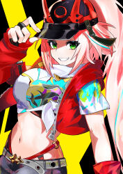  absurdres aka_(mxra3722) black_hat breasts crop_top female green_eyes grin hat highres honkai:_star_rail honkai_(series) jacket large_breasts long_hair looking_at_viewer midriff navel open_clothes open_jacket pink_hair rappa_(honkai:_star_rail) red_jacket shirt smile solo stomach tied_shirt very_long_hair white_shirt 