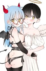  2girls :d ahoge angel_and_devil angel_wings aqua_hair ass black_bra black_hair blunt_bangs blush bra breast_press breasts bright_pupils collarbone demon_horns demon_tail dress ear_piercing elbow_gloves embarrassed frown gloves halloween halloween_costume halo hand_on_another&#039;s_waist highres holding_another&#039;s_arm horns large_breasts long_hair looking_at_viewer looking_back multiple_girls oerba_yun_fang original piercing red-framed_eyewear semi-rimless_eyewear short_hair sleeveless smile straight_hair tail thighhighs underwear white_dress wings yamaguchi_(noichi674) yellow_eyes yellow_halo 