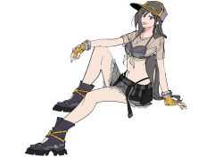  arm_support baseball_cap bikini bikini_under_clothes black_bikini black_footwear black_hair closed_mouth earrings female final_fantasy final_fantasy_vii final_fantasy_vii_ever_crisis fingerless_gloves frayed_skirt full_body gloves grey_skirt hashtag-only_commentary hat highleg highleg_bikini highres jewelry knee_up long_hair looking_at_viewer mianmian741 midriff miniskirt navel official_alternate_costume pink_lips red_eyes see-through_clothes see-through_shirt shirt short_sleeves single_earring sitting skirt smile solo swimsuit tied_shirt tifa_lockhart tifa_lockhart_(lifeguard) white_background white_shirt yellow_gloves 