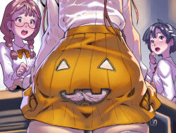  3girls ass ass_focus black_hair brown_hair halloween jack-o&#039;-lantern multiple_girls original panties pantyshot pleated_skirt school_uniform shirt skirt soon_(c-u-soon) underwear white_panties white_shirt yellow_skirt 