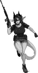  2024 absurd_res anthro big_breasts bodily_fluids bottomwear breasts chabett clothed clothed_anthro clothed_female clothing collar dragon female footwear front_view fully_clothed fully_clothed_anthro fully_clothed_female fur furred_dragon furred_scalie gloves gun hair handwear hi_res holding_gun holding_object holding_ranged_weapon holding_weapon horn monochrome mythological_creature mythological_scalie mythology open_mouth pants pgm300 ranged_weapon scalie shirt shoes simple_background solo sweat teeth tongue topwear weapon white_background 