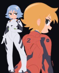  2girls :d alt_text ayanami_rei ayanami_rei_(cosplay) black_background black_eyes blue_hair bodysuit breasts closed_mouth cosplay dzdello english_commentary freckles from_behind full_body grumpy hairpods highres interface_headset kim_pine looking_at_viewer mecha_pilot_suit medium_breasts multicolored_bodysuit multicolored_clothes multiple_girls open_mouth orange_hair pilot_suit plugsuit ramona_flowers red_bodysuit scott_pilgrim_(series) scott_pilgrim_takes_off short_hair simple_background smile souryuu_asuka_langley souryuu_asuka_langley_(cosplay) white_bodysuit 