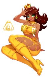  boots brown_hair crop_top crown earrings female flower_earrings green_eyes high_heel_boots high_heels jewelry little123blood long_hair looking_at_viewer mario_(series) midriff princess_daisy signature simple_background sitting tongue tongue_out white_background yellow_footwear 