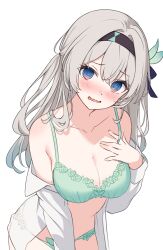  @_@ black_hairband black_ribbon blue_eyes blush bra breasts cleavage clothes_down collarbone commentary cowboy_shot embarrassed female firefly_(honkai:_star_rail) gradient_hair green_bra green_panties hair_ribbon hairband hand_on_own_chest highres hitsukuya honkai:_star_rail honkai_(series) large_breasts leaning_forward long_hair looking_at_viewer md5_mismatch multicolored_hair open_clothes open_shirt panties ribbon shirt shirt_down simple_background solo underwear white_background white_hair white_shirt 