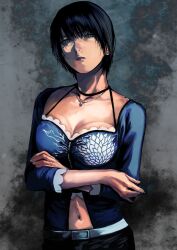  belt black_hair breasts collarbone earrings fatal_frame fatal_frame_3 female gauss_&lt;bokashi jewelry kurosawa_rei lips looking_at_viewer mole mole_under_eye navel necklace short_hair solo zipper_pull_tab 