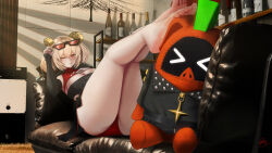  bangboo_(zenless_zone_zero) bao_(pixiv_99415611) bare_legs blonde_hair bottle breasts burnice_white cleavage closed_mouth couch crop_top eyewear_on_head feet female full_body hair_between_eyes highres indoors large_breasts long_hair looking_at_viewer on_couch one_eye_closed red-tinted_eyewear red_eyes sidelocks sitting smile solo sunglasses thighs tinted_eyewear toenails toes zenless_zone_zero 