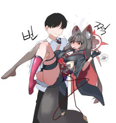  :| absurdres animal_ear_fluff animal_ears ass asymmetrical_legwear black_gloves black_hair black_kimono black_sailor_collar black_shirt black_skirt blue_archive blush breasts carrying cleavage closed_mouth colored_inner_hair embarrassed faceless faceless_male female fingerless_gloves fluffy fox_ears fox_girl fox_tail gloves halo hand_on_another&#039;s_shoulder highres japanese_clothes kimono long_hair long_sleeves medium_breasts miniskirt multicolored_hair obi pleated_skirt princess_carry red_halo sailor_collar sash sensei_(blue_archive) shirt short_hair short_kimono skirt smsm516 socks sweat tail thigh_strap thighhighs trembling wakamo_(blue_archive) white_background yellow_eyes 