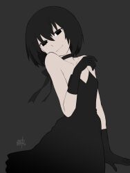  arm_at_side artist_name bare_shoulders black_choker black_dress black_eyes black_gloves black_hair black_ribbon bob_cut breasts choker collarbone cowboy_shot curled_fingers dress empty_eyes female gloves grey_background hair_between_eyes hair_over_eyes hand_up head_tilt highres kikumaru_bunta light_smile monogatari_(series) oshino_ougi pale_skin ribbon short_hair signature sleeveless sleeveless_dress small_breasts smile solo strapless strapless_dress 