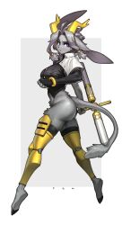  2024 5_fingers absurd_res anthro antlers breasts clothed clothed_anthro clothed_female clothing cloven_hooves female fingers fur grey_body grey_fur grey_hair grey_tail hair hi_res holding_object holding_weapon hooves horn hybrid jackalope lagomorph long_ears looking_aside mammal navel pantsless pgm300 pseudoregalia purple_eyes side_view simple_background solo standing sybil_(pseudoregalia) tail topwear weapon white_background yellow_horn 