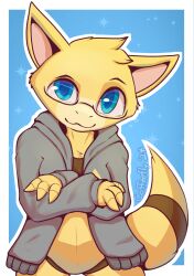  abra anthro blue_eyes clothing coffeefly eyebrows eyewear generation_1_pokemon glasses hi_res nintendo pokemon pokemon_(species) raised_eyebrow smile sweater topwear 