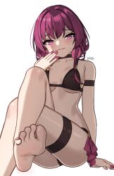  absurdres aged_down arm_strap barefoot bikini black_bikini black_choker blush breasts choker female foot_out_of_frame hand_up highres honkai:_star_rail honkai_(series) kafka_(honkai:_star_rail) looking_at_viewer medium_breasts nail_polish navel parted_lips purple_eyes purple_hair purple_nails simple_background sitting smile solo stomach swimsuit thighs white_background x_xith_x 