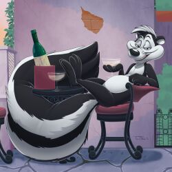  1:1 2016 3_toes 4_fingers anthro beverage big_tail biped black_body black_fur black_hair black_nose bottle chair container countershade_face countershade_fur countershade_torso countershading cup detailed_background digital_media_(artwork) drinking_glass eyebrows feet fingers fluffy fluffy_tail foot_on_table fur furniture glass glass_container glass_cup hair holding_beverage holding_glass holding_object humanoid_hands leaning leaning_backward looking_at_viewer looney_tunes male male_anthro mammal markings mephitid multicolored_body multicolored_fur multicolored_hair narrowed_eyes nude nude_anthro nude_male open_mouth open_smile pepe_le_pew plant reclining signature sitting skunk smile solo striped_body striped_fur striped_markings striped_skunk striped_tail stripes table tail tail_markings teaselbone teeth toes toony two_tone_body two_tone_fur two_tone_hair two_tone_tail warner_brothers white_body white_fur white_hair white_inner_ear white_stripes wine_bottle 