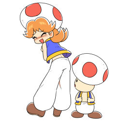  1boy blue_vest blush brown_footwear brown_hair closed_eyes cosplay female highres junnosu long_hair mario_(series) open_clothes open_mouth open_vest pants princess_daisy red_toad_(mario) simple_background toad_(mario) toad_(mario)_(cosplay) vest white_background white_pants 