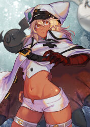  bandaged_arm bandages blonde_hair breasts cloak clover dark-skinned_female dark_skin female four-leaf_clover guilty_gear hair_between_eyes hinoru_saikusa large_breasts long_hair looking_at_viewer midriff navel orange_eyes ramlethal_valentine red_bandage short_shorts shorts solo thigh_strap white_shorts 