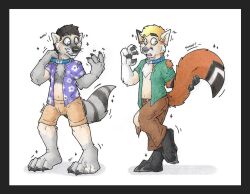  8-track anthro bottomwear canid canine check_tag_type clothing collar danwolf15 duo fox fur grey_body grey_fur hawaiian_text human_skin humanoid jimothy_raccoon male male/male mammal markings orange_body orange_fur paws procyonid raccoon shorts striped_markings striped_tail stripes surprise surprised_expression tail tail_markings text torn_clothing transformation 