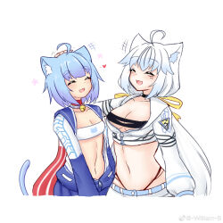  2girls :d absurdres ahoge animal_ear_fluff animal_ears atlanta_(warship_girls_r) bandeau bell black_panties blue_hair blue_skirt blush breasts cat_ears cat_girl cat_tail choker cleavage closed_eyes collar collarbone hair_ribbon hand_on_another&#039;s_head headpat heart highleg highleg_panties highres jacket jingle_bell long_hair long_sleeves medium_breasts midriff multicolored_hair multiple_girls navel neck_bell oerba_yun_fang open_clothes open_jacket open_mouth panties ribbon short_hair simple_background skirt smile strapless tail tube_top twitter_username underwear very_long_hair warship_girls_r weibo_logo weibo_watermark white_background white_hair williamb 