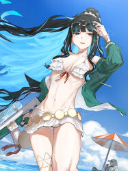  1boy absurdres bare_shoulders bikini black_hair blue-tinted_eyewear blue_hair breasts choker collarbone colored_inner_hair eyeliner eyewear_on_head fate/grand_order fate_(series) female frilled_bikini frills green_jacket grey_eyes high_ponytail highres holding jacket jewelry long_hair looking_at_viewer makeup multicolored_hair navel round_eyewear shanaoh sidelocks smile sunglasses swimsuit tenochtitlan_(fate) tenochtitlan_(swimsuit_mooncancer)_(fate) tenochtitlan_(swimsuit_mooncancer)_(first_ascension)_(fate) tezcatlipoca_(fate) tezcatlipoca_(summer_break)_(fate) thighlet tinted_eyewear water_gun white_bikini 