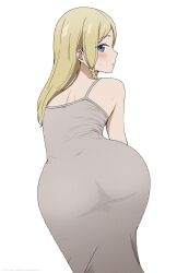  ass ass_focus blonde_hair blue_eyes blush braid commentary coro_fae cowboy_shot dress english_commentary fanbox_username female from_behind grey_dress hayasaka_ai haysaca_a._smithee highres kaguya-sama_wa_kokurasetai_~tensai-tachi_no_renai_zunousen~ leaning_forward long_hair looking_at_viewer looking_back paid_reward_available parted_lips profile side_braid simple_background single_braid sleeveless sleeveless_dress solo standing sweat tight_clothes tight_dress twitter_username white_background 