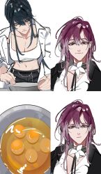  2girls absurdres belt black_coat black_hair black_pants bowl bra breasts chains cleavage closed_mouth coat collared_shirt commentary cracking_egg egg egg_yolk gradient_hair hashtag-only_commentary highres long_hair multicolored_hair multiple_girls open_clothes pants path_to_nowhere purple_hair rae_(raeonxx) rahu_(path_to_nowhere) scar scar_across_eye shalom_(path_to_nowhere) shirt smile underwear white_bra white_hair white_shirt yuri 