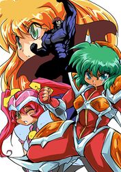  1boy 3girls amagi_hikaru arm_up armor blonde_hair blue_bodysuit bodysuit bow captain_toukyou chou_kousoku_grandoll clenched_hand commentary_request crossover fingerless_gloves ginga_ojou-sama_densetsu_yuna gloves green_eyes green_hair hairbow highres iczelion iczer_(series) kagurazaka_yuna kai_nagisa long_hair looking_at_viewer moldiver multiple_crossover multiple_girls muscular okuri_ookami one_eye_closed oozora_hiroshi pink_hair red_bodysuit short_hair twintails white_background yellow_bow 