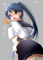  !? @_@ ^^^ adjusting_clothes alternate_costume black_skirt blue_eyes blue_hair blush commentary_request female from_below hair_between_eyes houshou_(kancolle) kantai_collection long_hair looking_at_viewer open_mouth pleated_skirt ponytail school_uniform serafuku skirt solo surprised suzune_kotora translated 