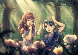  1boy alm_(fire_emblem) anocurry celica_(fire_emblem) commentary_request dress female fire_emblem fire_emblem_echoes:_shadows_of_valentia fire_emblem_gaiden flower forest green_hair hair_flower hair_ornament nature outdoors red_hair smile straight tree 