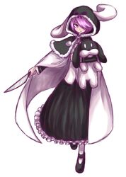  cape capelet character_request commentary_request expressionless female full_body fur_trim hair_over_one_eye highres holding hood knife kumauwo long_skirt mary_janes purple_eyes rinkou_no_lemuria shoes simple_background skirt solo standing stuffed_animal stuffed_toy 