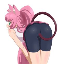  :d ahoge animal_ears ass bare_arms bare_shoulders bent_over bike_shorts black_shorts blush cameltoe cat_ears cat_girl cat_tail commentary_request female green_eyes gundam gundam_build_divers hair_between_eyes high_ponytail leaning_forward long_hair momo_(gundam_build_divers) open_mouth pink_hair pleated_skirt ponytail red_skirt shiny_skin shirt short_shorts shorts sidelocks simple_background sincos skirt sleeveless sleeveless_shirt smile solo tail tail_censor very_long_hair white_background white_shirt yashiro_momoka 