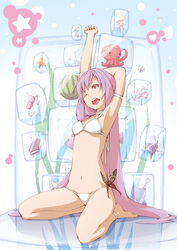  anklet arm_up armlet armpits arms_behind_head barefoot bikini commentary_request conch cube female food fruit full_body highres jellyfish jewelry long_hair navel noraico octopus one_eye_closed open_mouth original photoshop_(medium) purple_hair red_eyes seiza sitting solo spread_legs starfish stretching swimsuit very_long_hair watermelon white_bikini 