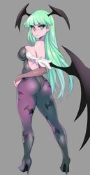  animal_print ass bare_shoulders bat_print bat_wings blush breasts bridal_gauntlets commentary_request demon_girl female fur-trimmed_leotard fur_trim green_eyes green_hair grey_background head_wings hevn high_heels highres large_breasts long_hair looking_at_viewer low_wings morrigan_aensland pantyhose parted_lips print_pantyhose purple_pantyhose simple_background smile solo standing vampire_(game) wings 