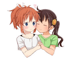  2girls blue_eyes blush brown_hair closed_eyes closed_mouth commentary_request cropped_torso flower green_shirt hair_between_eyes hair_flower hair_ornament hair_ribbon heart high_ponytail holding_hands interlocked_fingers koshigaya_natsumi long_hair multiple_girls niizato_aoi non_non_biyori partial_commentary ponytail ribbon shika_(s1ka) shirt short_sleeves side_ponytail sidelocks simple_background smile upper_body white_background white_ribbon white_shirt yellow_flower yuri 