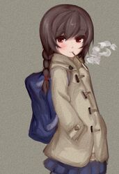  bag braid breath brown_hair coat commentary_request expressionless female food hands_in_pockets kumauwo long_hair looking_at_viewer madotsuki mouth_hold pocky red_eyes school_bag skirt solo twin_braids winter_clothes yume_nikki 