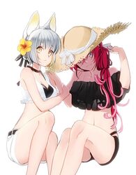  2girls animal_ears breasts cleavage flower frills grey_eyes hair_flower hair_ornament hair_ribbon hat komenama looking_at_viewer multiple_girls original red_hair ribbon short_hair shorts side_ponytail simple_background sitting slit_pupils straw_hat swimsuit white_hair yellow_eyes 