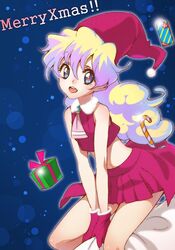  alternate_costume box candy candy_cane christmas commentary_request cross-shaped_pupils female food gift gift_box gloves hat long_hair midriff multicolored_hair nia_teppelin red_gloves santa_hat skirt smile solo symbol-shaped_pupils tengen_toppa_gurren_lagann two-tone_hair yukimitsuki 