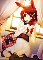  2016 :3 adjusting_hair animal_ears artist_name backlighting bare_shoulders bed bed_sheet black_bow black_bowtie black_thighhighs bow bowtie buttons center_frills closed_mouth clover_hair_ornament collarbone commentary_request curtains detached_collar dress dutch_angle female four-leaf_clover_hair_ornament frilled_curtains frilled_pillow frills hair_ornament hair_over_shoulder hairclip heart heart-shaped_pillow highres indoors kaho_okashii long_hair looking_at_viewer mouth_hold on_bed orange_bow original pillow polka_dot polka_dot_pillow rabbit_ears red_eyes red_hair sash sleeveless sleeveless_dress smile solo thighhighs tying_hair white_dress window zettai_ryouiki 