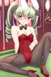  alternate_costume anchovy_(girls_und_panzer) animal_ears blush bow bowtie breasts cleavage collarbone commentary_request detached_collar drill_hair fake_animal_ears female girls_und_panzer green_hair hairband high_heels leotard long_hair looking_at_viewer medium_breasts pantyhose playboy_bunny pool_table rabbit_ears red_eyes red_leotard riding_crop shin&#039;yashiki sitting solo strapless strapless_leotard table twin_drills twintails wrist_cuffs 