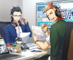  2boys absurdres adjusting_eyewear akai_suzaku commentary_request computer derivative_work feline fukamachi_toshinari glasses hat headphones highres idolmaster idolmaster_side-m indoors kurono_genbu laptop maji_(eau-fumeuse0207) male_focus masuyama_takeaki multiple_boys nyako_(idolmaster) paper voice_actor 